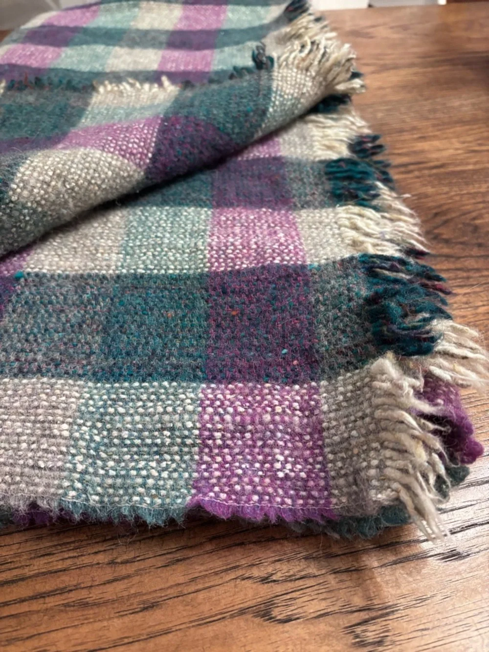 Wool Throw Blanket Purple Teal Cream Plaid Fringe Cabin Cottage 48x60 Vintage